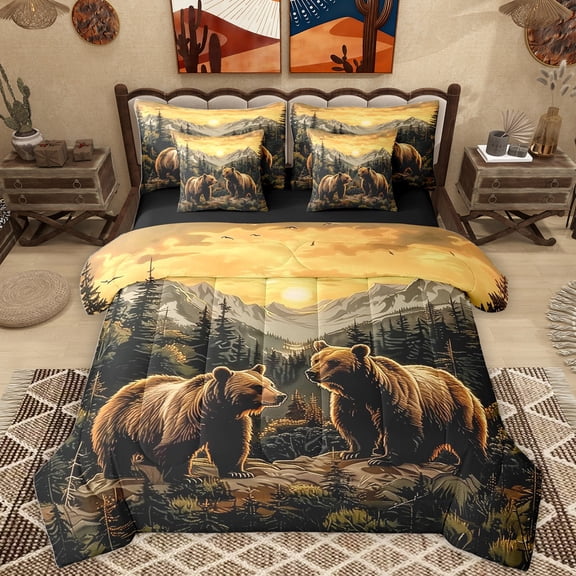Homewish Jungle Wildlife Deer 7-Piece Bedding Comforter Set,Country Farmhouse Lodge King Bedding Sets,Orange Brown Bed Sheets For Teens,Ultra Soft Home Decor Reversible