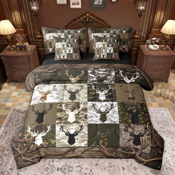 Homewish Jungle Wildlife Deer Twin Bedding Sets 7-Piece for Female Men Women,Vintage Retro Aesthetic Bedding Comforter Set Microfiber,Abstract Camouflage Camo Breathable Sheet Sets