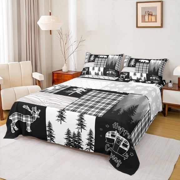 Homewish Jungle Wildlife Deer Twin Sheet Sets,Happy Camping Twin Fitted Sheet,Cute Deer Paws Flat Sheet For Boys Kids,Super Cozy Room Decor,3 Pieces
