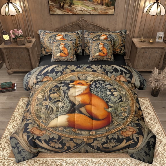 Homewish Jungle Wildlife Fox 7 Pieces Bedding Comforter Set,Vintage Country Floral Full Bedding Set,Orange Brown Black Fitted Sheet Flat Sheet For Girl Teens,Breathable Home Decor Reversible