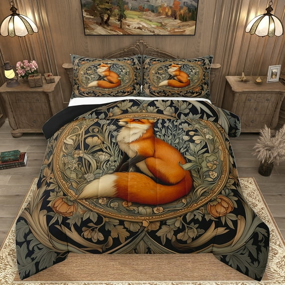 Homewish Jungle Wildlife Fox Queen Comforter Set,Vintage Country Floral Bedding Sets,Orange Brown Black Bedding Comforter Set For Girl Teens,Breathable Home Decor Reversible,3 Pieces