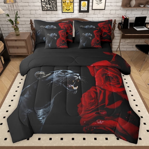 Homewish Jungle Wildlife Leopard 7-Piece Twin Bedding Sets,Romantic Rose Flower Bedding Comforter Set,Black Cheetah Sheet Sets For Boys Teens,Ultra Soft Home Decor Reversible