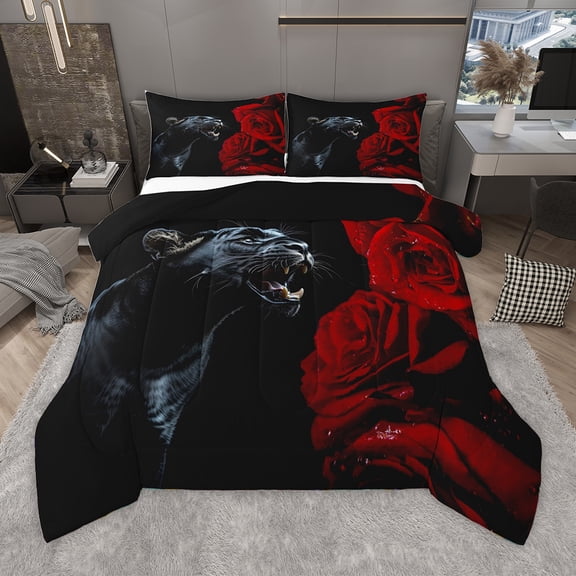 Homewish Jungle Leopard Twin Comforter Set,Romantic Rose Flower Black Cheetah,Ultra Soft Reversible Decor For Teens,2-Piece