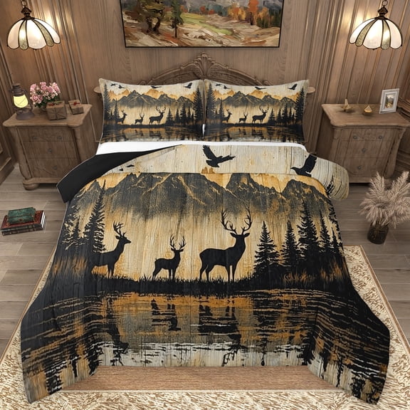 Homewish Jungle Wildlife Queen Comforter Set,Natural Landscape Mountain Pine Bedding Sets,Rustic Western Cowboy Bedding Comforter Set For Teens,Super Cozy Room Decor Reversible,3 Pieces