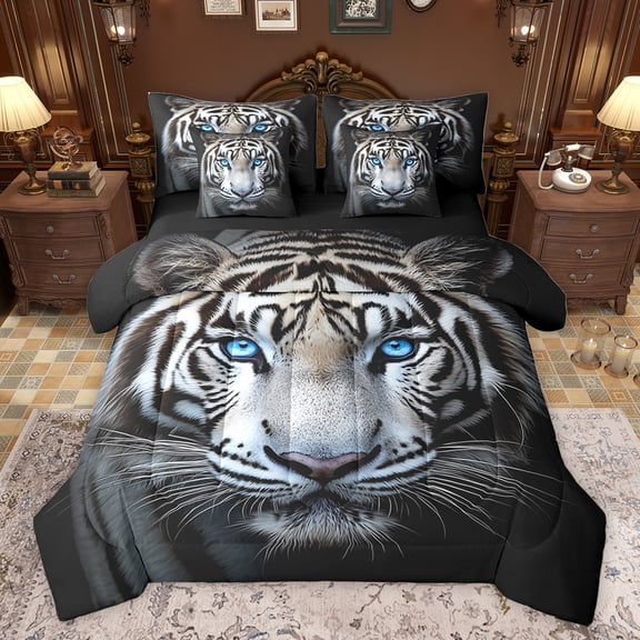 Homewish Jungle Wildlife Tiger Bedding Comforter Set 7pcs, 3D Animal Lover King Bedding Sets, Teens Kids Boys Girls Reversible Bed Sheets, Microfiber Bedroom Decor