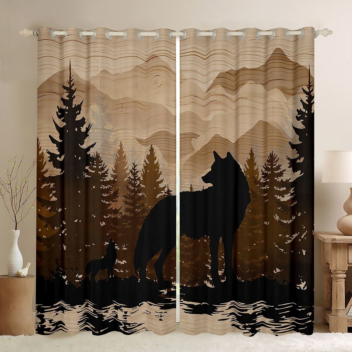 Homewish Jungle Wildlife Wolf Black Out Curtains for Men, Vintage Lodge ...
