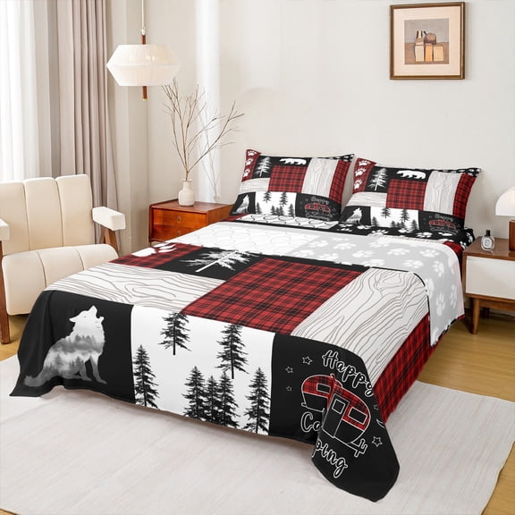 Homewish Jungle Wildlife Wolves Twin Sheet Sets,Happy Camping Twin Fitted Sheet,Cute Bear Paws Flat Sheet For Boys Kids,Super Cozy Room Decor,3pcs