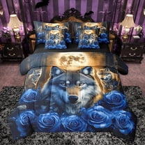 Homewish Jungle Wolf Family Twin Bedding Sets 7-Piece for Adult, Blue Rose Flower Floral Bedding Comforter Set, Western Bohemian Style Reversible Sheet Sets, Lightweight Room Decor