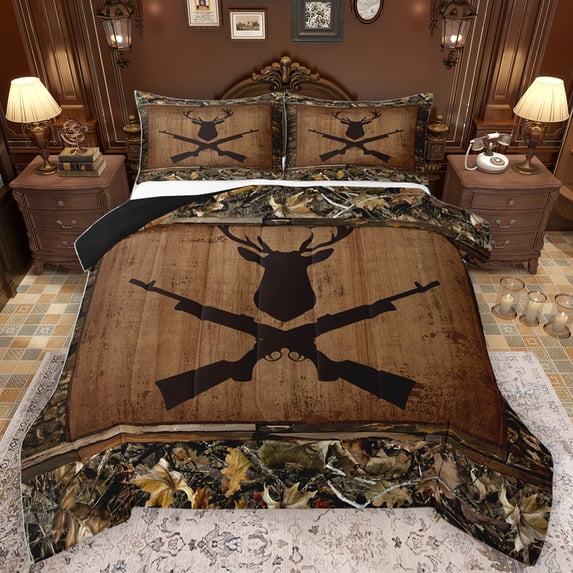 Homewish Junjle Wildlife Deer Full Size Comforter Sets,Rustic Farmhouse Tribal Bedding Comforter Set,Khaki Brown Bedding Sets For Men Women,Ultra Soft Home Decor Reversible,3-Piece