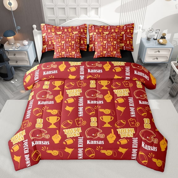 Homewish Kansas Ball Game 7-Piece Twin Bedding Sets,Boys Ball Game Sport Bedding Comforter Set,Orange Red Sheet Sets For Boys Kids,Luxury Bedroom Decor Reversible