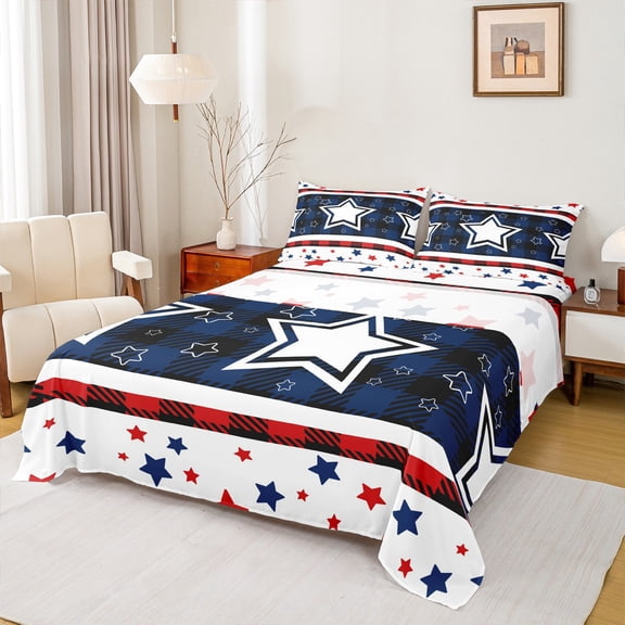 Homewish Kawaii American Stars Bed Sheets, Navy Red Stripes Ombre King Sheets, Cartoon US Flag Sheet Set, Luxury Bedroom Decor, 4pcs