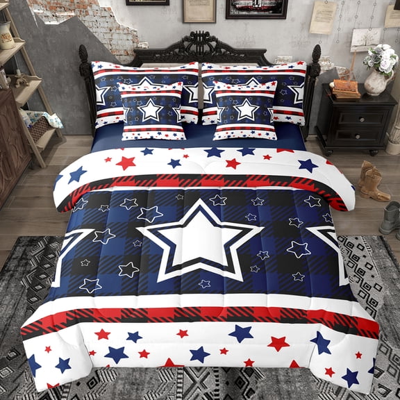 Homewish Kawaii American Stars Bedding Comforter Set, Navy Red Stripes Ombre King Bedding Sets, Cartoon US Flag Reversible Bed Sheets, Luxury Bedroom Decor