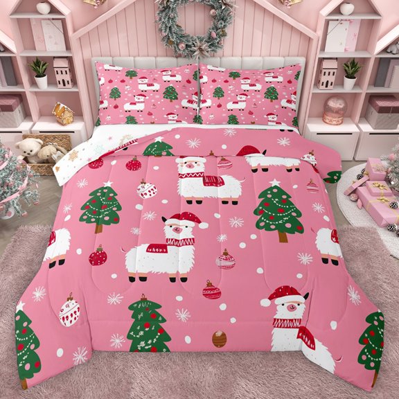 Homewish Kawaii Animal Alpaca Bedding Comforter Set 2pcs for Kids Children,Merry Christmas Xmas Twin Comforter Sets Microfiber,Cartoon Polka Dots Breathable Bedding Set,Super Cozy Room Decor