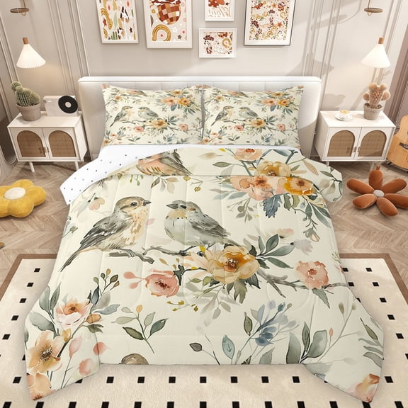 Homewish Kawaii Animal Birds 3 Pieces Queen Comforter Set for Female Men Adults,Retro Vintage Watercolor Ultra Soft Bedding Sets,Chic Flowers Bedding Comforter Set Breathable,Breathable Home Decor
