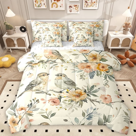 Homewish Kawaii Animal Birds 7-Piece Twin Bedding Set - Retro Watercolor