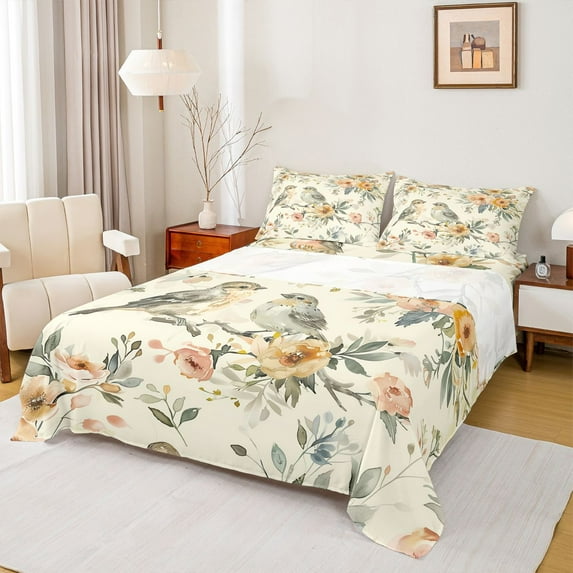 Homewish Kawaii Animal Birds Twin Sheet Sets 3pcs for Female Men Adults,Retro Vintage Watercolor Twin Fitted Sheet Microfiber,Chic Flowers Breathable Flat Sheet,Breathable Home Decor