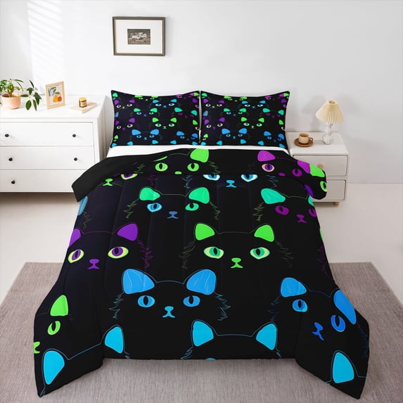 Homewish Kawaii Animal Black Cat 3 Pieces Queen Comforter Set for Teens,Cartoon Pets Ultra Soft Bedding Sets,Abstract Gradient Bedding Comforter Set Breathable,Ultra Soft Home Decor,Reversible