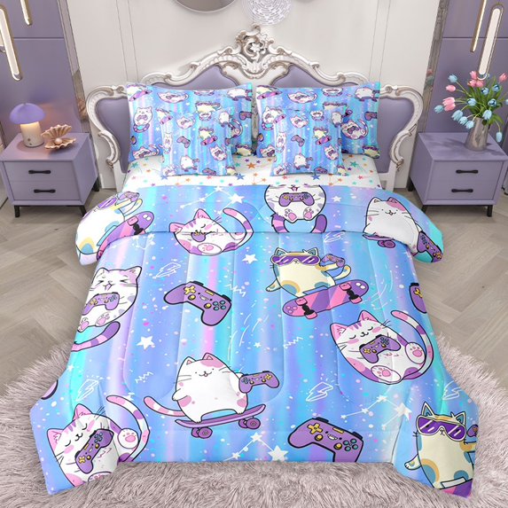 Homewish Kawaii Animal Cat 7pcs Bedding Comforter Set for Boys Girls,Purple Gamepads Queen Bedding Sets Super Cozy,Abstract Gradient Queen Sheet Sets,Super Cozy Room Decor,Reversible