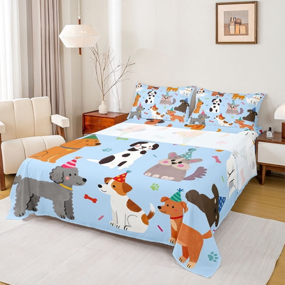 Homewish Kawaii Animal Dogs 3pcs Twin Sheet Sets for Boys Girls,Cute Pet Twin Fitted Sheet,Happy Birthday Breathable Flat Sheet,Breathable Home Decor