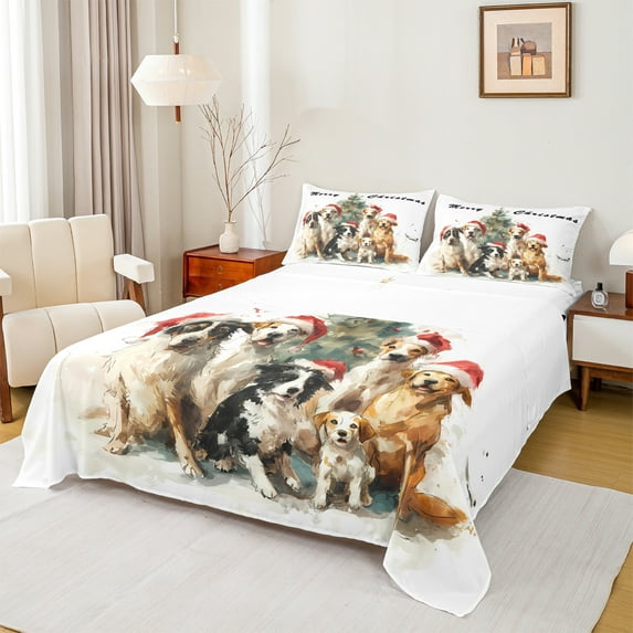 Homewish Kawaii Animal Dogs 4-Piece Full Size Sheets for Kids Children Teens,Merry Christmas Bed Sheets,Happy Xmas Lightweight Sheet Sets,Lightweight Room Decor