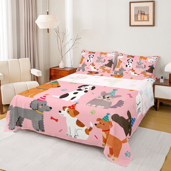 Homewish Kawaii Animal Dogs 4pcs Bed Sheets for Boys Girls,Cute Pet King Sheets,Happy Birthday Super Cozy Sheet Set,Breathable Home Decor