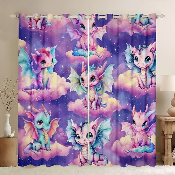Homewish Kawaii Animal Dragon Black Out Curtains for Kids Boys Girls,Cartoon Cute Curtains Pack of 2 (42x63 Each),Starry Sky Bedroom Curtains,Microfiber Bedroom Decor