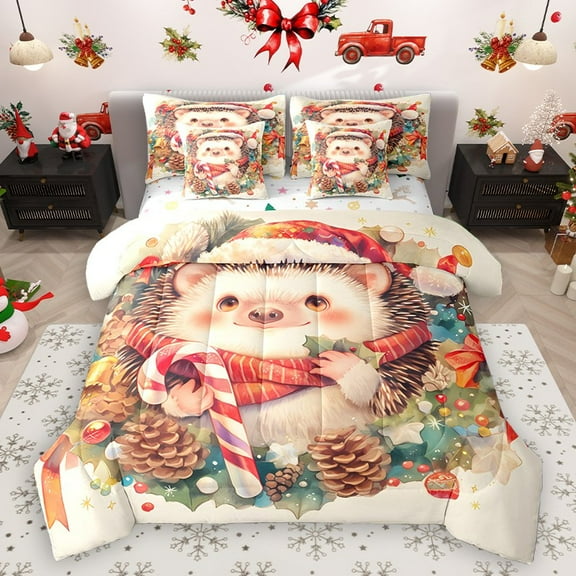 Homewish Kawaii Animal Hedgehog 7-Piece Twin Bedding Sets for Kids Children Teens,Happy Xmas Theme Bedding Comforter Set,Merry Christmas Breathable Sheet Sets,Lightweight Room Decor,Reversible