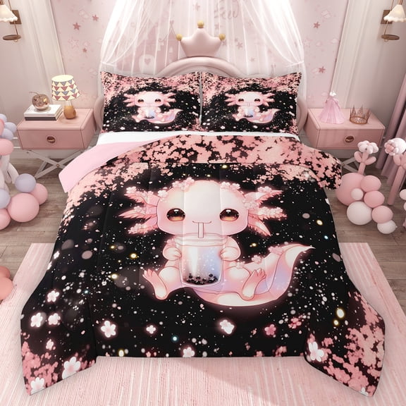 Homewish Kawaii Animal Salamander Bedding Comforter Set 2pcs for Boys Girls,Floral Cherry Blossoms Twin Comforter Sets Microfiber,Cartoon Flower Axolotl Breathable Bedding Set