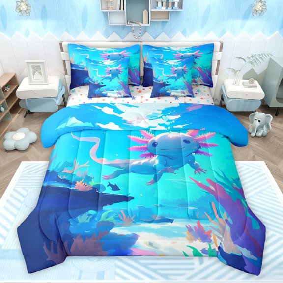 Homewish Kawaii Animal Salamander Twin Bedding Sets 7-Piece for Boys Girls,Ocean Axolotl Bedding Comforter Set Microfiber,Cartoon Marine Wildlife Breathable Sheet Sets,Super Cozy Room Decor