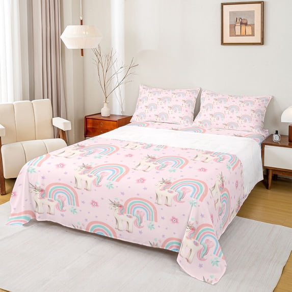 Homewish Kawaii Animal Unicorn 4 Pieces Queen Sheet Sets for Kids Boys Girls,Floral Magical Horse Ultra Soft Flat Sheet,Cartoon Gradient Rainbow Queen Fitted Sheet,Lightweight Room Decor