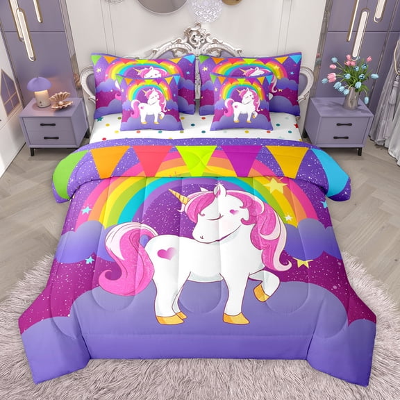 Homewish Kawaii Animal Unicorn 7-Piece Twin Bedding Sets,Colorful Traingle Rainbow Bedding Comforter Set,White Starry Sky Sheet Sets For Girl,Breathable Home Decor Reversible