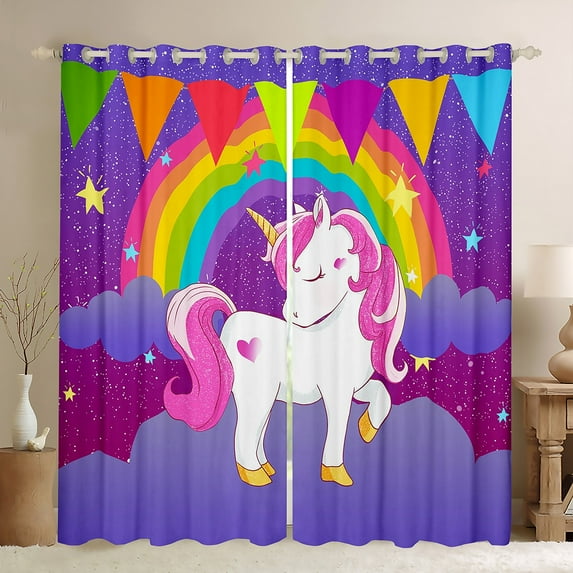 Homewish Kawaii Animal Unicorn Black Out Curtains,Colorful Traingle Rainbow Curtains Pack of 2 (42x63 Each),White Starry Sky Bedroom Curtains For Girl,Breathable Home Decor