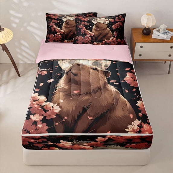 Homewish Kawaii Animals Capybara Zipper Twin Comforter Sets with Fitted Sheet and 2 Pillowcases,Pink Floral Cherry Blossom Zipper Bedding Set For Kids Girls,Reversible,4 Pieces