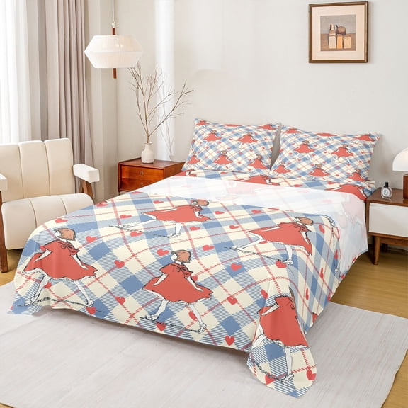Homewish Kawaii Anime Girl Twin Sheet Sets for Kids, Blue Wheat Buffalo Plaid Twin Fitted Sheet, Cartoon Love Heart Flat Sheet, Ultra Soft Bedroom Decor, 3pcs