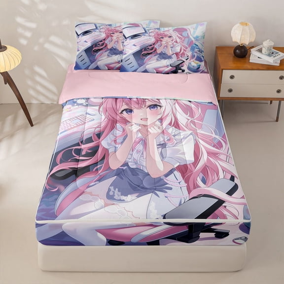 Homewish Kawaii Anime Girl Zipper Twin Comforter Sets with Fitted Sheet and 2 Pillowcases,Kawaii Japanese Animation Zipper Bedding Set For Adults,Reversible,4-Piece