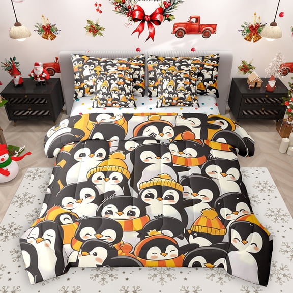 Homewish Kawaii Antarctic Penguin 7-Piece Bedding Comforter Set,Cartoon Animal King Bedding Sets,White Black Orange Bed Sheets For Kids,Breathable Home Decor Reversible