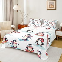 Homewish Kawaii Antarctic Penguin Twin Sheet Sets, Cartoon Winter Animal Twin Fitted Sheet, Teens Kids Boys Girls Flat Sheet, Luxury Bedroom Decor, 3pcs