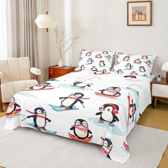 Homewish Kawaii Antarctic Penguin Twin Sheet Sets, Cartoon Winter Animal Twin Fitted Sheet, Teens Kids Boys Girls Flat Sheet, Luxury Bedroom Decor, 3pcs