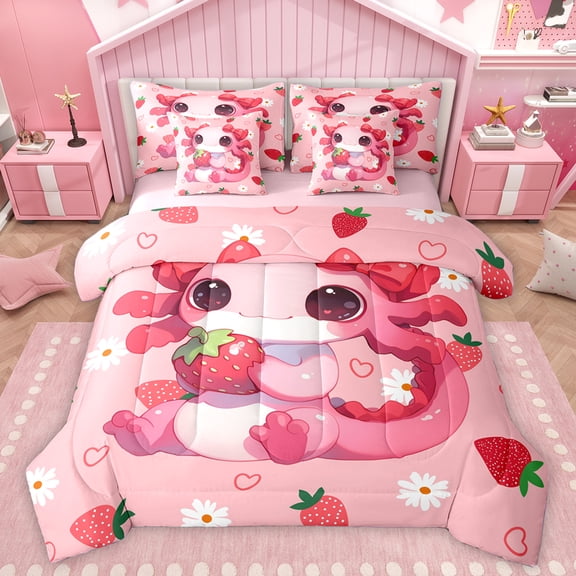 Homewish Kawaii Axolotl 7-Piece Twin Bedding Sets,Red Cute Strawberry Bedding Comforter Set,White Cartoon Daisy Flower Sheet Sets For Girls Kids,Breathable Home Decor Reversible
