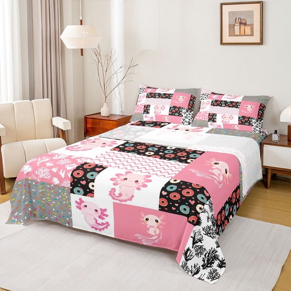 Homewish Kawaii Axolotl Animal Twin Sheet Sets, Cartoon Donut Twin Fitted Sheet, Pink Patchwork Plaid Flat Sheet, Breathable Home Decor, 3pcs