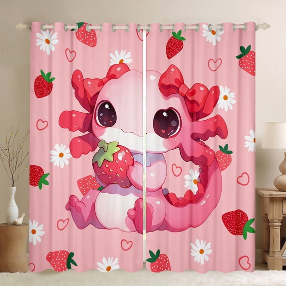 Homewish Kawaii Axolotl Curtains Pack of 2 (42x84 Each),Red Cute Strawberry Curtains Blackout,White Cartoon Daisy Flower Bedroom Curtains For Girls Kids,Breathable Home Decor