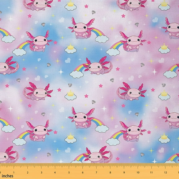 Homewish Kawaii Axolotl Fabric by the Yard 3 Yard,Cartoon Animal Sewing Fabric,Cartoon Rainbow Diamond Stars Room Decor Fabric by the Yard For Prioncess,Luxury Bedroom Decor