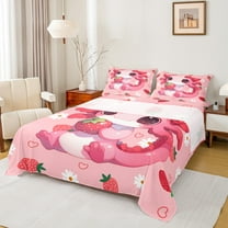 Homewish Kawaii Axolotl Twin Sheet Sets,Red Cute Strawberry Twin Fitted Sheet,White Cartoon Daisy Flower Flat Sheet For Girls Kids,Breathable Home Decor,3pcs