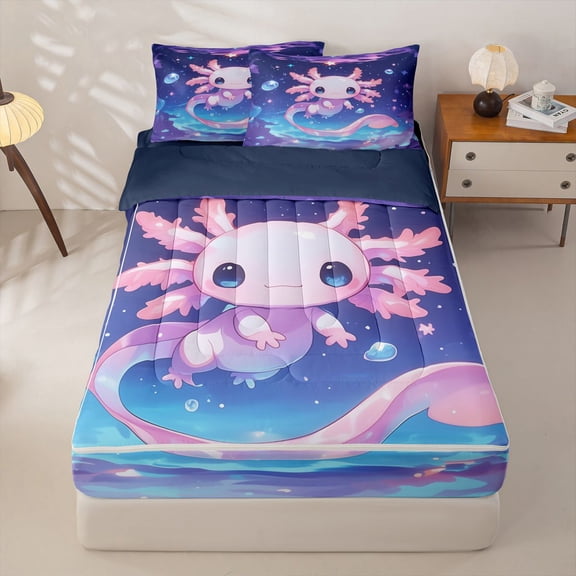 Homewish Kawaii Axolotl Zipper Twin Comforter Sets with Fitted Sheet and 2 Pillowcases For Kids Boys Girls,Cosmos Stars Zipper Bedding Set,Navy Blue Reversible,4-Piece