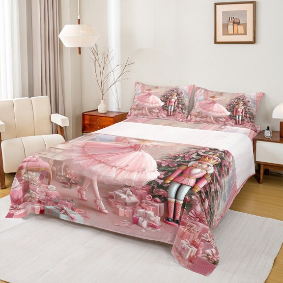 Homewish Kawaii Ballet Girls Twin Sheet Sets,Merry Xmas Twin Fitted Sheet,Vintage Nutcracker Pink Bowtie Gifts Flat Sheet,Ultra Soft Home Decor,3pcs