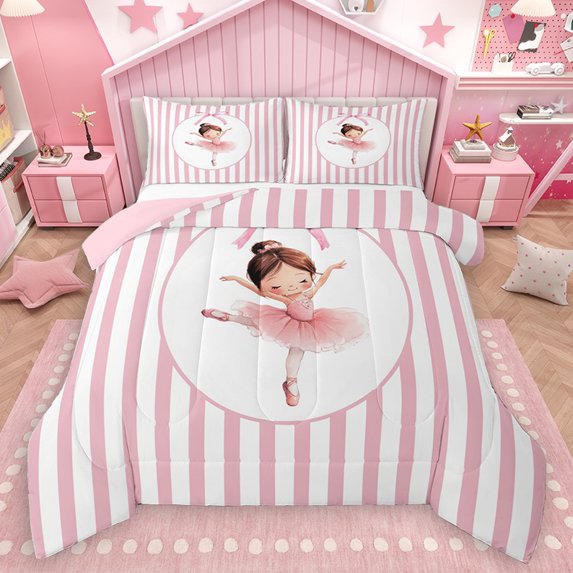 Homewish Kawaii Ballet Princess Queen Comforter Set for Kid, Merry Christmas Bedding Sets, Pink Abstract Line Reversible Bedding Comforter Set, Lightweight Room Decor, 3 Pieces