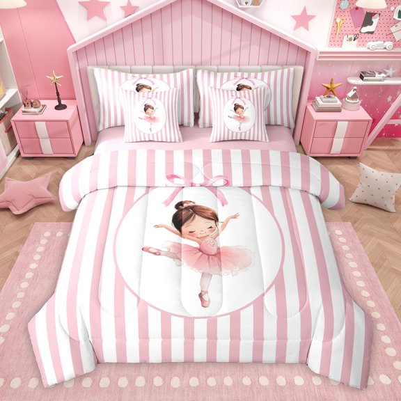 Homewish Kawaii Ballet Princess Twin Bedding Sets 7-Piece for Kid, Merry Christmas Bedding Comforter Set, Pink Abstract Line Reversible Sheet Sets, Lightweight Room Decor