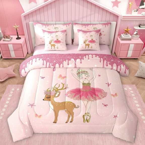 Homewish Kawaii Ballet Princess Twin Bedding Sets 7-Piece for Kids, Flower Deer Elk Bedding Comforter Set, Pink Sequin Print Reversible Sheet Sets, Luxury Bedroom Decor