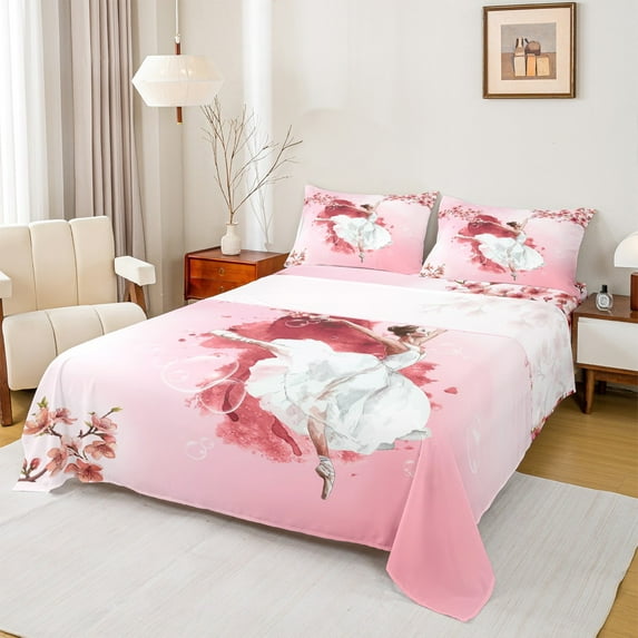 Homewish Kawaii Ballet Princess Twin Sheet Sets, Pink Cherry Blossoms Twin Fitted Sheet, Chic Watercolor Artwork Flat Sheet, Ultra Soft Bedroom Decor, 3 Pieces