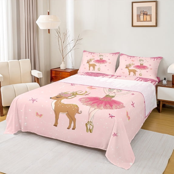 Homewish Kawaii Ballet Princess Twin Sheet Sets for Kids, Flower Deer Elk Twin Fitted Sheet, Pink Sequin Print Flat Sheet, Luxury Bedroom Decor, 3pcs
